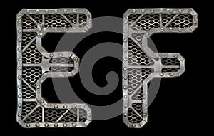 Mechanical alphabet made from rivet metal with gears on black background. Set of letters E and F. 3D