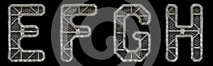 Mechanical alphabet made from rivet metal with gears on black background. Set of letters E, F, G, H. 3D