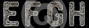 Mechanical alphabet made from rivet metal with gears on black background. Set of letters E, F, G, H. 3D