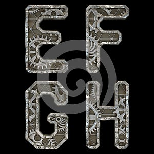 Mechanical alphabet made from rivet metal with gears on black background. Set of letters E, F, G, H. 3D