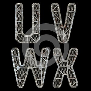 Mechanical alphabet made from rivet metal with gears on black background. Set of letters U, V, W, X. 3D