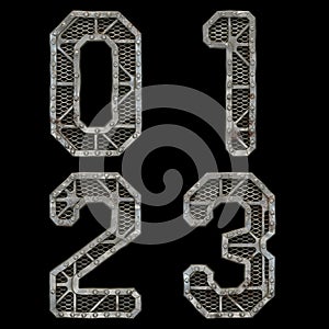 Mechanical alphabet made from rivet metal with gears on black background. Set of numbers 0, 1, 2, 3. 3D