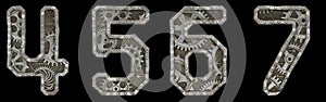 Mechanical alphabet made from rivet metal with gears on black background. Set of numbers 4, 5, 6, 7. 3D