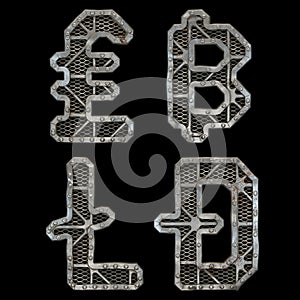 Mechanical alphabet made from rivet metal with gears on black background. Set of symbols lira, baht, litecoin, dashcoin photo