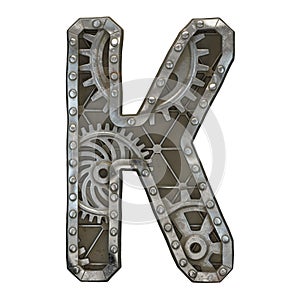 Mechanical alphabet made from rivet metal with gears on white background. Letter K. 3D