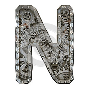 Mechanical alphabet made from rivet metal with gears on white background. Letter N. 3D