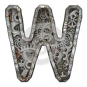 Mechanical alphabet made from rivet metal with gears on white background. Letter W. 3D