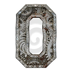 Mechanical alphabet made from rivet metal with gears on white background. Number 0. 3D photo