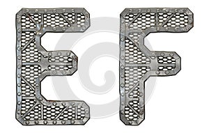 Mechanical alphabet made from rivet metal with gears on white background. Set of letters E and F. 3D