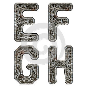 Mechanical alphabet made from rivet metal with gears on white background. Set of letters E, F, G, H. 3D