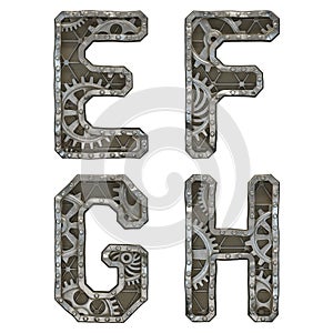 Mechanical alphabet made from rivet metal with gears on white background. Set of letters E, F, G, H. 3D