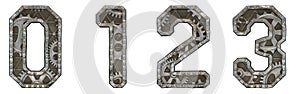 Mechanical alphabet made from rivet metal with gears on white background. Set of numbers 0, 1, 2, 3. 3D