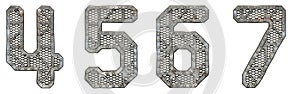 Mechanical alphabet made from rivet metal with gears on white background. Set of numbers 4, 5, 6, 7. 3D