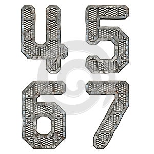 Mechanical alphabet made from rivet metal with gears on white background. Set of numbers 4, 5, 6, 7. 3D