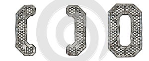 Mechanical alphabet made from rivet metal with gears on white background. Set of symbols left and right parentheses