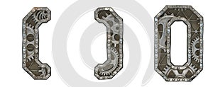 Mechanical alphabet made from rivet metal with gears on white background. Set of symbols left and right parentheses