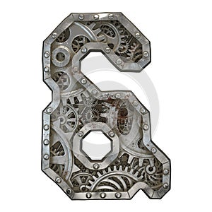 Mechanical alphabet made from rivet metal with gears on white background. Symbol ampersand. 3D