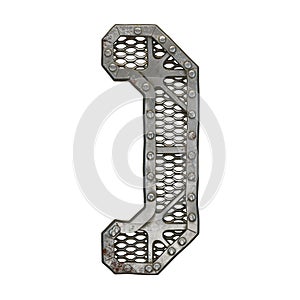 Mechanical alphabet made from rivet metal with gears on white background. Symbol right parentheses. 3D