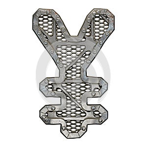 Mechanical alphabet made from rivet metal with gears on white background. Symbol yen. 3D