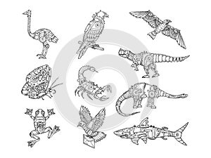 Mechanical animal set sketch vector illustration