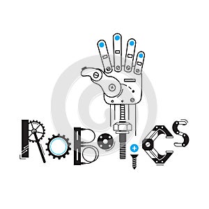 Mechanical arm from the robot and the inscription Robotics of the details and gears. Vector illustration