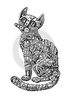 Mechanical cat. Hand drawn vector illustration.