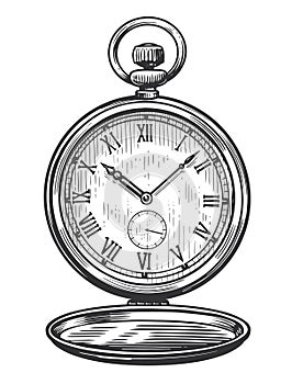 Mechanical classic pocket watch. Antique old clock. Vintage sketch vector illustration