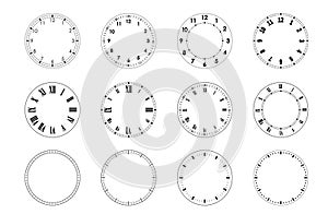 Mechanical clock faces, bezel. Blank measuring circle scale with divisions. Circles of clock faces for time.