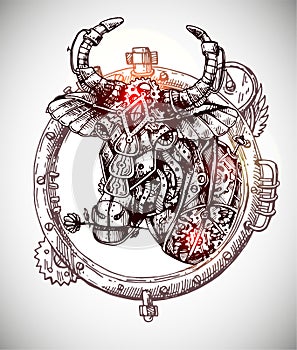 Mechanical cow. Hand drawn vector illustration steampunk style.