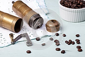 Mechanical cylindrical coffee grinder on the table