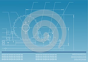 Mechanical drawings on a blue background.