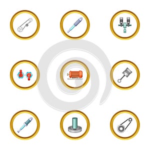 Mechanical and electrical parts icons set, cartoon style
