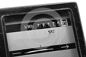 mechanical Electricity meter with the value in kWh on white background