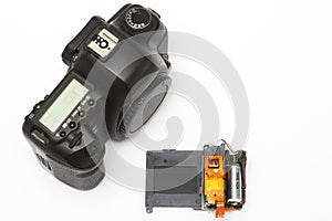 Mechanical electronical camera shutter removed from slr body for replacement