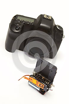 Mechanical electronical camera shutter removed from slr body for replacement