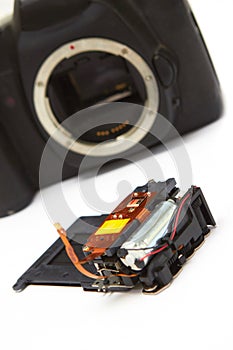 Mechanical electronical camera shutter removed from slr body for replacement