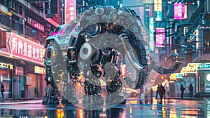 Mechanical elephant roams through a brightly neon lit cyberpunk city, showcasing futuristic design. Concept of urban