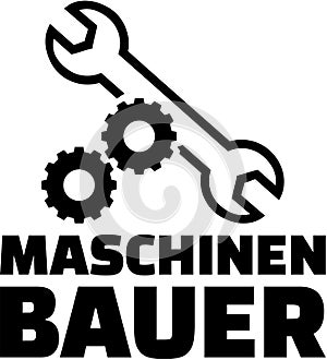 Mechanical engineer with gear wheels and wrench. German job title.