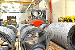 Mechanical engineering: closeup of electric motors in production