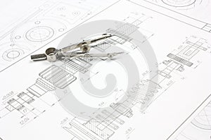 Mechanical Engineering drawing.Technical drawings with measure tools.Industrial Technology .