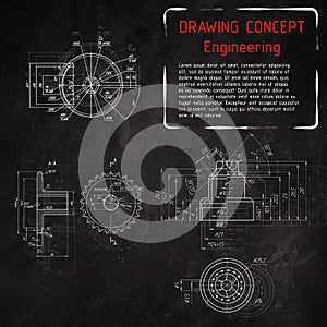 Mechanical engineering drawings on blackboard