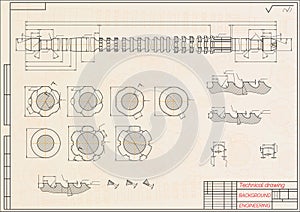 Mechanical engineering drawings on blue background. Broach. Technical Design. Cover. Blueprint. Vector illustration.