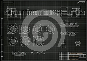 Mechanical engineering drawings on blue background. Broach. Technical Design. Cover. Blueprint. Vector illustration.