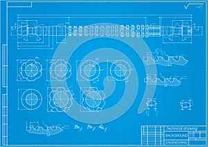 Mechanical engineering drawings on blue background. Broach. Technical Design. Cover. Blueprint. Vector illustration.