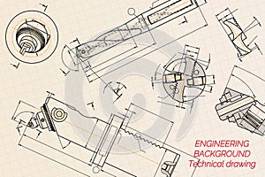 Mechanical engineering drawings on blue background. Drill tools, borer. Boring bar with micrometric adjustment. Broach