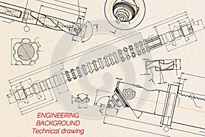 Mechanical engineering drawings on blue background. Drill tools, borer. Boring bar with micrometric adjustment. Broach