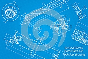 Mechanical engineering drawings on blue background. Drill tools, borer. Boring bar with micrometric adjustment. Broach