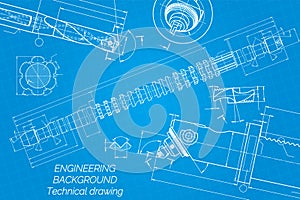Mechanical engineering drawings on blue background. Drill tools, borer. Boring bar with micrometric adjustment. Broach