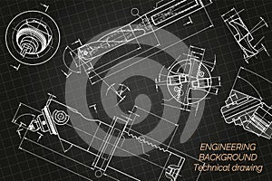 Mechanical engineering drawings on blue background. Drill tools, borer. Boring bar with micrometric adjustment. Broach