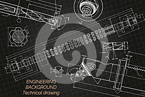 Mechanical engineering drawings on blue background. Drill tools, borer. Boring bar with micrometric adjustment. Broach